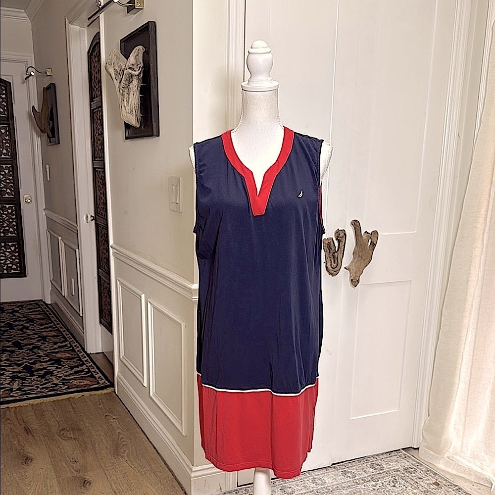 Nautica Womens Navy Red Sleeveless Shift Midi Dress XXL V Neck Nautical Chic